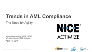 © 2016, Amazon Web Services, Inc. or its Affiliates. All rights reserved.
Joram Borenstein (CISSP, CISA)
VP Marketing at NICE Actimize
April 14, 2016
Trends in AML Compliance
The Need for Agility
 
