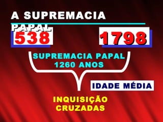 538
SUPREMACIA PAPAL
1260 ANOS
A SUPREMACIAA SUPREMACIA
PAPALPAPAL
17981798
INQUISIÇÃO
CRUZADAS
IDADE MÉDIA
 