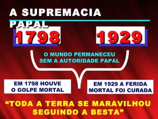 17981798
O MUNDO PERMANECEU
SEM A AUTORIDADE PAPAL
A SUPREMACIAA SUPREMACIA
PAPALPAPAL
19291929
“TODA A TERRA SE MARAVILHOU
SEGUINDO A BESTA”
EM 1798 HOUVE
O GOLPE MORTAL
EM 1929 A FERIDA
MORTAL FOI CURADA
 