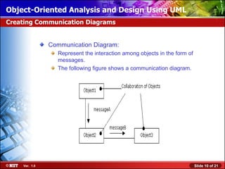 Object-Oriented Analysis and Design Using UML
Creating Communication Diagrams


               Communication Diagram:
                 Represent the interaction among objects in the form of
                 messages.
                 The following figure shows a communication diagram.




    Ver. 1.0                                                              Slide 10 of 21
 
