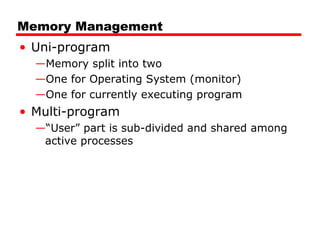 Memory Management
• Uni-program
—Memory split into two
—One for Operating System (monitor)
—One for currently executing program
• Multi-program
—“User” part is sub-divided and shared among
active processes
 