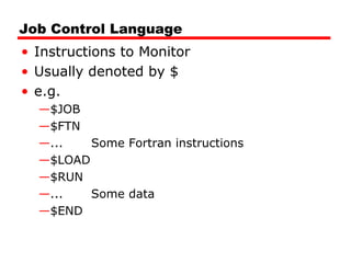 Job Control Language
• Instructions to Monitor
• Usually denoted by $
• e.g.
—$JOB
—$FTN
—... Some Fortran instructions
—$LOAD
—$RUN
—... Some data
—$END
 