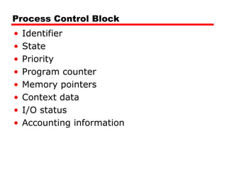 Process Control Block
• Identifier
• State
• Priority
• Program counter
• Memory pointers
• Context data
• I/O status
• Accounting information
 