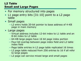 L2 Table
Small and Large Pages
• For memory structured into pages
• L1 page entry bits [31:10] point to a L2 page
table
• Small pages
—L2 entry holds 20-bit pointer to base address of 4-KB
page in main memory
• Large pages
—Virtual address includes 12-bit index to L1 table and an
8-bit index to L2 table
—64-KB large pages have 16 bit page index portion
—Four-bit overlap between page index field and L2 table
index field
—Page table entries in L2 page table replicated 16 times
—L2 page table reduced from 256 entries to 16 if all refer
to large pages
—L2 page can service mixed large and small pages
 
