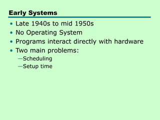 Early Systems
• Late 1940s to mid 1950s
• No Operating System
• Programs interact directly with hardware
• Two main problems:
—Scheduling
—Setup time
 