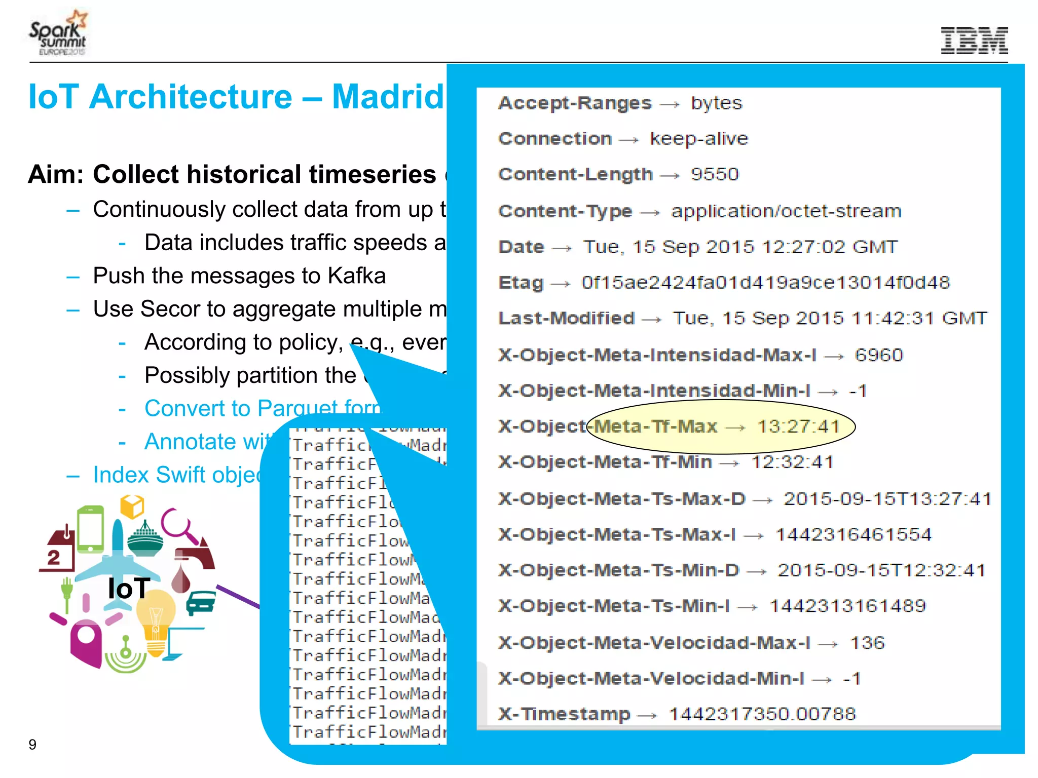© 2015 IBM Corporation9
Aim: Collect historical timeseries data for analysis
– Continuously collect data from up to 3000 Madrid council traffic sensors via web service
- Data includes traffic speeds and intensities, updated every 5 mins
– Push the messages to Kafka
– Use Secor to aggregate multiple messages into a single Swift object
- According to policy, e.g., every 60 mins
- Possibly partition the data, e.g. according to date
- Convert to Parquet format
- Annotate with metadata, e.g., min/max speed, start/end time
– Index Swift objects according to their metadata using ElasticSearch
Secor
Swift
IoT Architecture – Madrid Traffic – Ingestion Flow
IoT
 