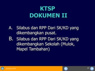 KTSP  DOKUMEN II A. Silabus dan RPP Dari SK/KD yang dikembangkan pusat. Silabus dan RPP Dari SK/KD yang dikembangkan Sekolah (Mulok, Mapel Tambahan) 
