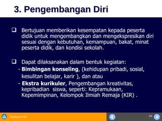 3. Pengembangan Diri Bertujuan memberikan kesempatan kepada peserta didik untuk mengembangkan dan mengekspresikan diri sesuai dengan kebutuhan, kemampuan, bakat, minat peserta didik, dan kondisi sekolah. Dapat dilaksanakan dalam bentuk kegiatan:  - Bimbingan konseling , (kehidupan pribadi, sosial,  kesulitan belajar, karir ), dan atau -  Ekstra kurikuler , Pengembangan kreativitas, kepribadian  siswa, seperti: Kepramukaan, Kepemimpinan, Kelompok Ilmiah Remaja (KIR) .  