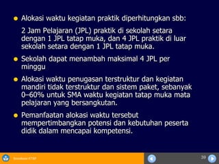 Alokasi waktu kegiatan praktik diperhitungkan sbb:  2 Jam Pelajaran (JPL) praktik di sekolah setara dengan 1 JPL tatap muka, dan 4 JPL praktik di luar sekolah setara dengan 1 JPL tatap muka. Sekolah dapat menambah maksimal 4 JPL per minggu Alokasi waktu penugasan terstruktur dan kegiatan mandiri tidak terstruktur dan sistem paket, sebanyak 0–60% untuk SMA waktu kegiatan tatap muka mata pelajaran yang bersangkutan. Pemanfaatan alokasi waktu tersebut mempertimbangkan potensi dan kebutuhan peserta didik dalam mencapai kompetensi. 