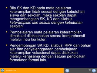 Bila SK dan KD pada mata pelajaran keterampilan tidak sesuai dengan kebutuhan siswa dan sekolah, maka sekolah dapat mengembangkan SK, KD dan silabus  keterampilan lain sesuai dengan kebutuhan sekolah . Pembelajaran mata pelajaran keterampilan dimaksud dilaksanakan secara komprehensif  melalui Intra kurikuler. Pengembangan SK,KD, silabus, RPP dan bahan ajar dan penyelenggaraan pembelajaran keterampilan vokasional dapat dilakukan  melalui kerjasama dengan satuan pendidikan formal/non formal lain. 