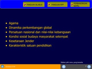 Agama Dinamika perkembangan global Persatuan nasional dan nilai-nilai kebangsaan Kondisi sosial budaya masyarakat setempat Kesetaraan Jender Karakteristik satuan pendidikan Silakan pilih menu yang tersedia PANDUAN RPP PANDUAN SILABUS PERBANDINGAN  MAPEL 