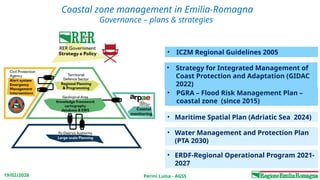 Perini Luisa - AGSS
19/02/2026
Coastal zone management in Emilia-Romagna
Governance – plans & strategies
• ERDF-Regional Operational Program 2021-
2027
• Maritime Spatial Plan (Adriatic Sea 2024)
• Water Management and Protection Plan
(PTA 2030)
• PGRA – Flood Risk Management Plan –
coastal zone (since 2015)
• ICZM Regional Guidelines 2005
• Strategy for Integrated Management of
Coast Protection and Adaptation (GIDAC
2022)
 