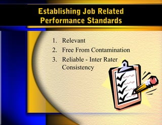 Establishing Job Related
Performance Standards

   1. Relevant
   2. Free From Contamination
   3. Reliable - Inter Rater
      Consistency
 