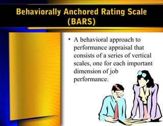Behaviorally Anchored Rating Scale
(BARS)
• A behavioral approach to
performance appraisal that
consists of a series of vertical
scales, one for each important
dimension of job
performance.
 