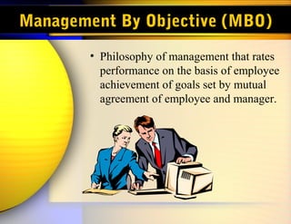 Management By Objective (MBO)
• Philosophy of management that rates
performance on the basis of employee
achievement of goals set by mutual
agreement of employee and manager.
 