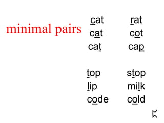 cat rat
cat cot
cat cap
top stop
lip milk
code cold
minimal pairs
 
