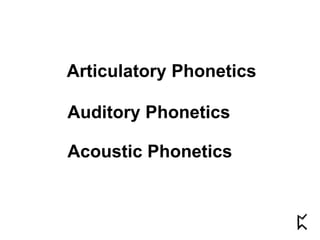 Articulatory Phonetics
Auditory Phonetics
Acoustic Phonetics
 