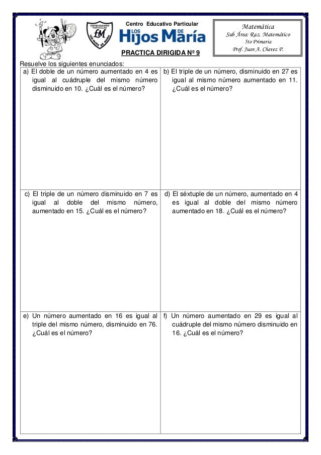 Ejercicios de planteo de ecuaciones para 5to de Primaria