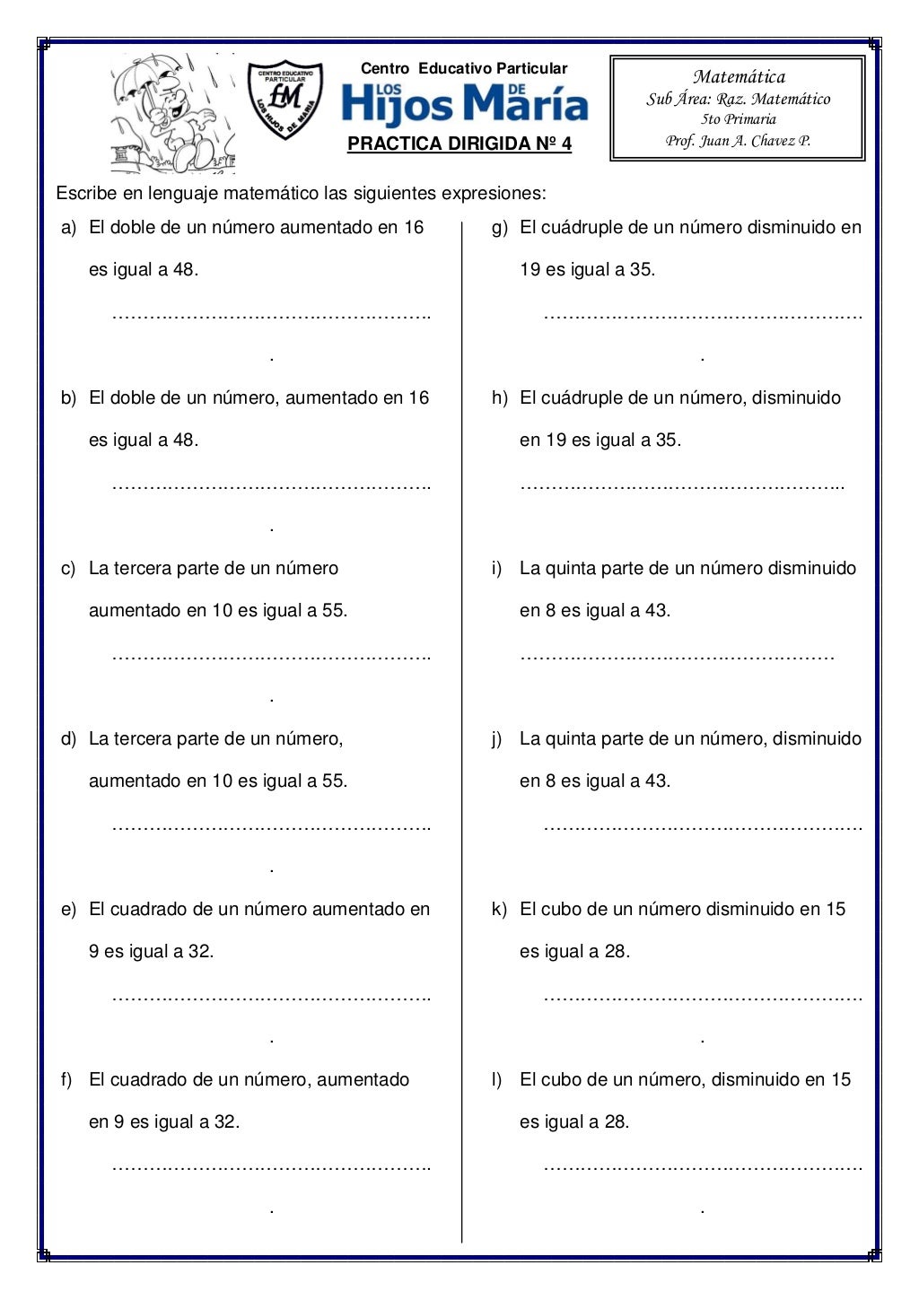 Ejercicios de planteo de ecuaciones para 5to de Primaria