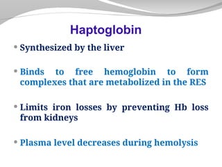  Synthesized by the liver
 Binds to free hemoglobin to form
complexes that are metabolized in the RES
 Limits iron losses by preventing Hb loss
from kidneys
 Plasma level decreases during hemolysis
Haptoglobin
 