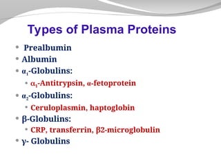  Prealbumin
 Albumin
 α1-Globulins:
 1-Antitrypsin, α-fetoprotein
 α2-Globulins:
 Ceruloplasmin, haptoglobin
 β-Globulins:
 CRP, transferrin, β2-microglobulin
 γ- Globulins
Types of Plasma Proteins
 