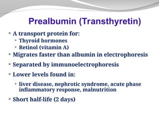 A transport protein for:
 Thyroid hormones
 Retinol (vitamin A)
 Migrates faster than albumin in electrophoresis
 Separated by immunoelectrophoresis
 Lower levels found in:
 liver disease, nephrotic syndrome, acute phase
inflammatory response, malnutrition
 Short half-life (2 days)
Prealbumin (Transthyretin)
 