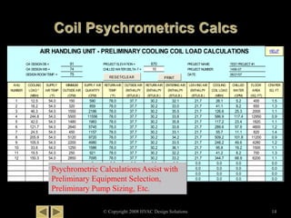 © Copyright 2008 HVAC Design Solutions 14
HELP
91 670
74 10
75
AHU COOLING SUPPLY MINIMUM SUPPLY AIR RETURN AIR OUTSIDEAIR RETURN AIR ENTERING AIR LEAVING AIR COOLING CHILLED FLOOR CFM PER
NUMBER LOAD * AIR TEMP. OUTSIDEAIR QUANTITY TEMP. ENTHALPY ENTHALPY ENTHALPY ENTHALPY COIL LOAD WATER AREA SQ. FT.
(MBH) (°F) (CFM) (CFM) (°F) (BTU/LB.) (BTU/LB.) (BTU/LB.) (BTU/LB.) (MBH) (GPM) (SQ. FT)
1 12.5 54.0 150 590 78.0 37.7 30.2 32.1 21.7 26.1 5.2 400 1.5
2 18.2 54.0 320 859 78.0 37.7 30.2 33.0 21.7 41.1 8.2 650 1.3
3 46.3 54.0 1550 2186 78.0 37.7 30.2 35.5 21.7 126.6 25.3 2000 1.1
4 244.8 54.0 5500 11556 78.0 37.7 30.2 33.8 21.7 586.9 117.4 12950 0.9
5 42.0 54.0 1480 1983 78.0 37.7 30.2 35.8 21.7 117.2 23.4 1820 1.1
6 121.7 54.0 2640 5745 78.0 37.7 30.2 33.6 21.7 289.6 57.9 4800 1.2
7 24.5 54.0 450 1157 78.0 37.7 30.2 33.1 21.7 55.7 11.1 820 1.4
8 205.9 54.0 5120 9720 78.0 37.7 30.2 34.2 21.7 509.2 101.8 11200 0.9
9 105.5 54.0 2200 4980 78.0 37.7 30.2 33.5 21.7 248.2 49.6 4280 1.2
10 33.6 54.0 1250 1586 78.0 37.7 30.2 36.1 21.7 95.8 19.2 1500 1.1
11 19.5 54.0 250 921 78.0 37.7 30.2 32.2 21.7 41.2 8.2 700 1.3
12 150.3 54.0 2850 7095 78.0 37.7 30.2 33.2 21.7 344.7 68.9 6200 1.1
0 0.0 0.0 0.0 0.0 0.0 0.0 0.0 0.0
0 0.0 0.0 0.0 0.0 0.0 0.0 0.0 0.0
0 0.0 0.0 0.0 0.0 0.0 0.0 0.0 0.0
0 0.0 0.0 0.0 0.0 0.0 0.0 0.0 0.0
PROJECT ELEVATION =
CHILLED WATER DELTA-T =
AIR HANDLING UNIT - PRELIMINARY COOLING COIL LOAD CALCULATIONS
TEST PROJECT #1
1456-07
06/21/07
PROJECT NAME:
PROJECT NUMBER:
DATE:
OA DESIGN DB =
OA DESIGN WB =
DESIGN ROOM TEMP. =
PRINTRESET/CLEAR
Psychrometric Calculations Assist with
Preliminary Equipment Selection,
Preliminary Pump Sizing, Etc.
 