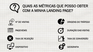 QUAIS AS MÉTRICAS QUE POSSO OBTER
COM A MINHA LANDING PAGE?
Nº DE VISITAS
PAGEVIEWS
TAXA DE REJEIÇÃO
DISPOSITIVO
ORIGENS DO TRÁFEGO
DURAÇÃO DAS VISITAS
TAXA DE CONVERSÃO
GEOGRAFIA
 