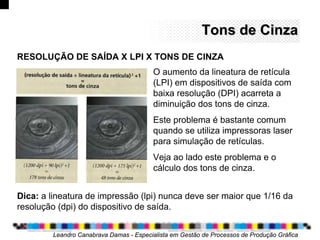 Tons de CinzaTons de Cinza
Leandro Canabrava Damas - Especialista em Gestão de Processos de Produção Gráfica
RESOLUÇÃO DE SAÍDA X LPI X TONS DE CINZA
O aumento da lineatura de retícula
(LPI) em dispositivos de saída com
baixa resolução (DPI) acarreta a
diminuição dos tons de cinza.
Este problema é bastante comum
quando se utiliza impressoras laser
para simulação de retículas.
Veja ao lado este problema e o
cálculo dos tons de cinza.
Dica: a lineatura de impressão (lpi) nunca deve ser maior que 1/16 da
resolução (dpi) do dispositivo de saída.
 