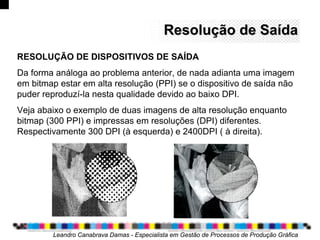 Resolução de SaídaResolução de Saída
Leandro Canabrava Damas - Especialista em Gestão de Processos de Produção Gráfica
RESOLUÇÃO DE DISPOSITIVOS DE SAÍDA
Da forma análoga ao problema anterior, de nada adianta uma imagem
em bitmap estar em alta resolução (PPI) se o dispositivo de saída não
puder reproduzí-la nesta qualidade devido ao baixo DPI.
Veja abaixo o exemplo de duas imagens de alta resolução enquanto
bitmap (300 PPI) e impressas em resoluções (DPI) diferentes.
Respectivamente 300 DPI (à esquerda) e 2400DPI ( à direita).
 