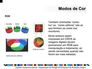 Modos de CorModos de Cor
Também chamadas “cores-
luz” ou “cores aditivas” são as
que formam as cores nos
monitores.
Muito embora sejam
impressas em CMYK as
imagens digitais devem
permanecer em RGB para
manipulação e tratamento, só
sendo convertidas quando não
forem ser mais editadas.
Leandro Canabrava Damas - Especialista em Gestão de Processos de Produção Gráfica
RGB
 
