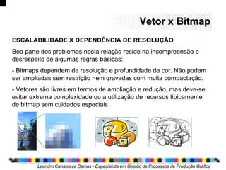 Vetor xVetor x BitmapBitmap
Leandro Canabrava Damas - Especialista em Gestão de Processos de Produção Gráfica
ESCALABILIDADE X DEPENDÊNCIA DE RESOLUÇÃO
Boa parte dos problemas nesta relação reside na incompreensão e
desrespeito de algumas regras básicas:
- Bitmaps dependem de resolução e profundidade de cor. Não podem
ser ampliadas sem restrição nem gravadas com muita compactação.
- Vetores são livres em termos de ampliação e redução, mas deve-se
evitar extrema complexidade ou a utilização de recursos tipicamente
de bitmap sem cuidados especiais.
 