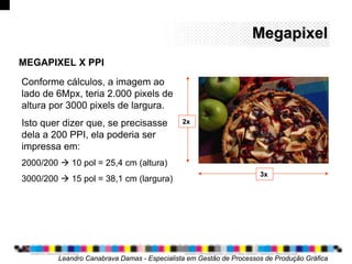 MegapixelMegapixel
Leandro Canabrava Damas - Especialista em Gestão de Processos de Produção Gráfica
MEGAPIXEL X PPI
Conforme cálculos, a imagem ao
lado de 6Mpx, teria 2.000 pixels de
altura por 3000 pixels de largura.
Isto quer dizer que, se precisasse
dela a 200 PPI, ela poderia ser
impressa em:
2000/200  10 pol = 25,4 cm (altura)
3000/200  15 pol = 38,1 cm (largura)
2x
3x
 