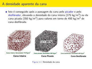 A densidade aparente da cana
Isto é conseguido após a passagem da cana pelo picador e pelo
desﬁbrador, elevando a densidade da cana inteira (175 kg/m3) ou da
cana picada (350 kg/m3) para valores em torno de 450 kg/m3 de
cana desﬁbrada.
Figura 1.1: Densidade da cana
 