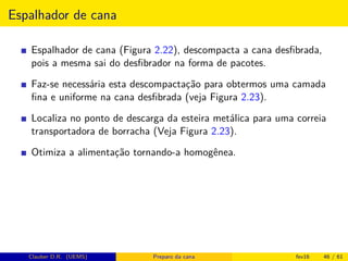 Espalhador de cana
Espalhador de cana (Figura 2.22), descompacta a cana desﬁbrada,
pois a mesma sai do desﬁbrador na forma de pacotes.
Faz-se necessária esta descompactação para obtermos uma camada
ﬁna e uniforme na cana desﬁbrada (veja Figura 2.23).
Localiza no ponto de descarga da esteira metálica para uma correia
transportadora de borracha (Veja Figura 2.23).
Otimiza a alimentação tornando-a homogênea.
Clauber D.R. (UEMS) Preparo da cana fev16 46 / 61
 