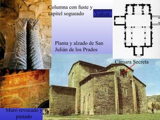 Volver Columna con fuste y capitel sogueado Planta y alzado de San Julián de los Prados Cámara Secreta Muro revocado y pintado 