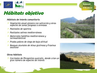 Hábitats objetivo Hábitats de interés comunitario Vegetación anual pionera con salicornia y otras especies de zonas fangosas o arenosas  Pastizales de  spartina Pastizales salinos mediterráneos Matorrales halófilos mediterráneos y termoatlánticos Prados pobres de siega de baja altitud Bosques aluviales de Alnus glutinosa y Fraxinus excelsior Otros hábitats Carrizales de Phragmites australis, donde crían un gran número de especies de interés 