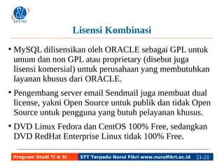 Lisensi Kombinasi 
● MySQL dilisensikan oleh ORACLE sebagai GPL untuk 
umum dan non GPL atau proprietary (disebut juga lisensi 
komersial) untuk pelanggan ORACLE. 
● Pengembang server email Sendmail juga membuat dual 
license, yakni Open Source untuk publik dan tidak Open 
Source untuk pengguna yang butuh pelayanan khusus. 
● DVD Linux Fedora dan CentOS 100% Free, sedangkan 
DVD RHEL (RedHat Enterprise Linux) tidak 100% Free, 
meskipun RHEL tetap disebut Linux Open Source. 
Program Studi TI & SI STT Terpadu Nurul Fikri www.nurulfikri.ac.id 21-2211-5 
