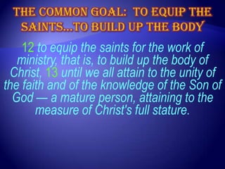 12 to equip the saints for the work of
   ministry, that is, to build up the body of
 Christ, 13 until we all attain to the unity of
the faith and of the knowledge of the Son of
  God — a mature person, attaining to the
       measure of Christ's full stature.
 