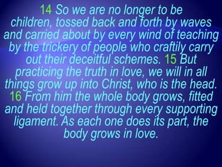 14 So we are no longer to be
 children, tossed back and forth by waves
and carried about by every wind of teaching
 by the trickery of people who craftily carry
     out their deceitful schemes. 15 But
   practicing the truth in love, we will in all
things grow up into Christ, who is the head.
 16 From him the whole body grows, fitted
and held together through every supporting
  ligament. As each one does its part, the
             body grows in love.
 