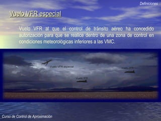 Vuelo VFR especialVuelo VFR especial
Definiciones
Curso de Control de Aproximación
Vuelo VFR al que el control de tránsito aéreo ha concedido
autorización para que se realice dentro de una zona de control en
condiciones meteorológicas inferiores a las VMC.
Vuelo VFR especial
Vuelo IFR
Vuelo IFR
 