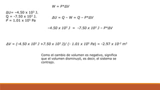 W = P*∆V
∆U= –4.50 x 103 J.
Q = -7.50 x 103 J.
P = 1.01 x 105 Pa
∆V = (-4.50 x 103 J +7.50 x 103 J)/ (- 1.01 x 105 Pa) = -2.97 x 10-2 m3
–4.50 x 103 J = -7.50 x 103 J – P*∆V
Como el cambio de volumen es negativo, significa
que el volumen disminuyó, es decir, el sistema se
contrajo.
∆U = Q – W = Q – P*∆V
 