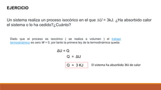 EJERCICIO
Un sistema realiza un proceso isocórico en el que ∆U = 3kJ. ¿Ha absorbido calor
el sistema o lo ha cedido?¿Cuánto?
Dado que el proceso es isocórico ( se realiza a volumen ) el trabajo
termodinámico es cero W = 0, por tanto la primera ley de la termodinámica queda:
ΔU = Q
Q = ΔU
Q = 3 KJ El sistema ha absorbido 3KJ de calor
 