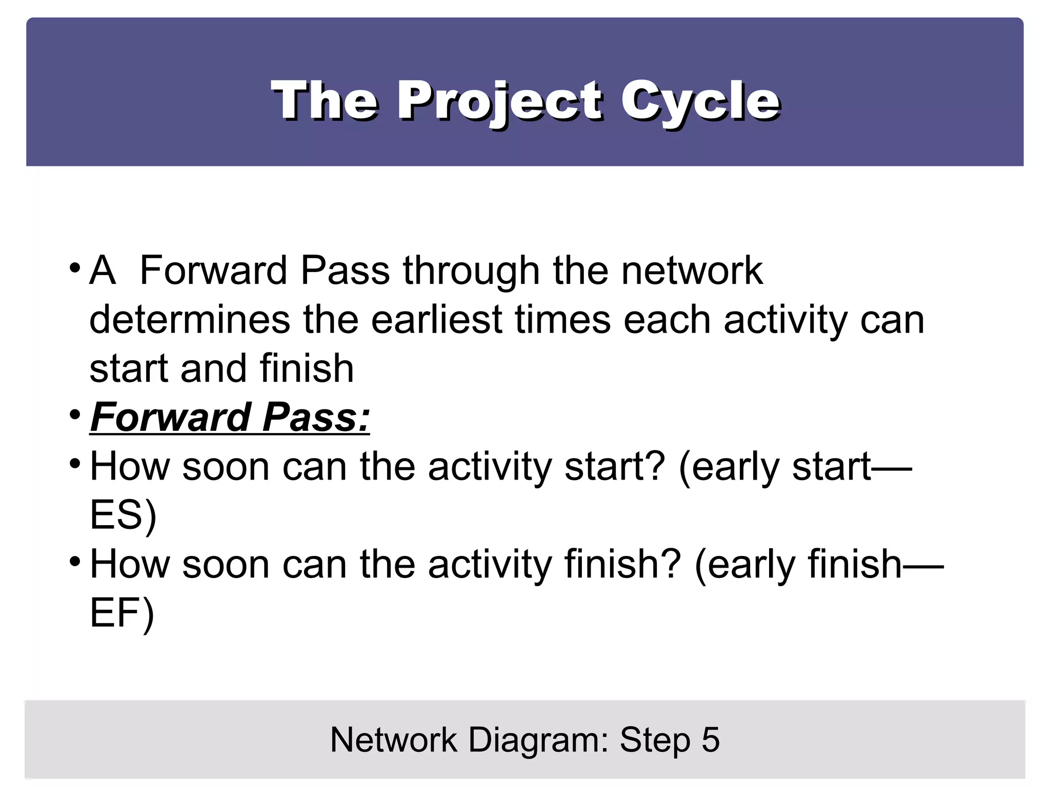 The Project Cycle Network Diagram: Step 5 A  Forward Pass through the network determines the earliest times each activity can start and finish Forward Pass: How soon can the activity start? (early start—ES) How soon can the activity finish? (early finish—EF) 