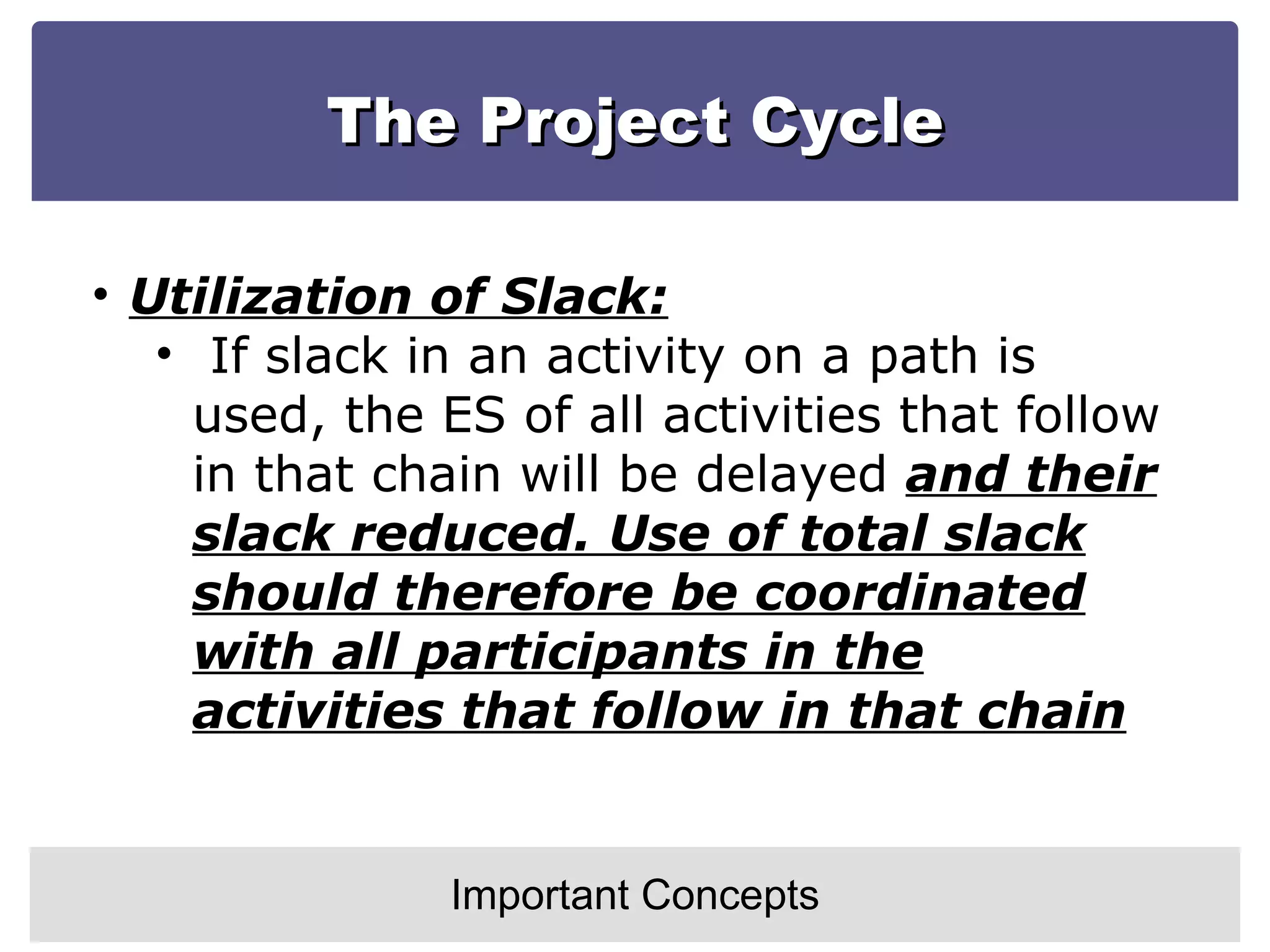 The Project Cycle Important Concepts Utilization of Slack: If slack in an activity on a path is used, the ES of all activities that follow in that chain will be delayed  and their slack reduced. Use of total slack should therefore be coordinated with all participants in the activities that follow in that chain 