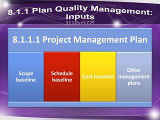 8.1.1.1 Project Management Plan
Scope
baseline
Schedule
baseline
Cost baseline
Other
management
plans
 