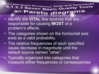 • identify the VITAL few sources that are
responsible for causing MOST of a
problem’s effects.
• The categories shown on the horizontal axis
exist as a valid probability.
• The relative frequencies of each specified
cause decrease in magnitude until the
default source named “other”.
• Typically organized into categories that
measure either frequencies or consequences
 