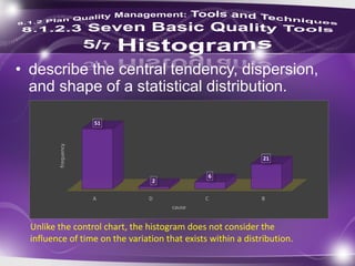 • describe the central tendency, dispersion,
and shape of a statistical distribution.
A D C B
51
2
6
21
frequency
cause
Unlike the control chart, the histogram does not consider the
influence of time on the variation that exists within a distribution.
 