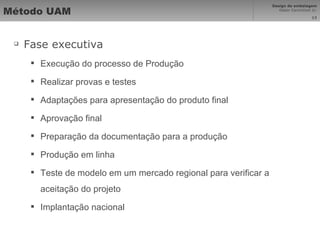 Método UAM Fase executiva Execução do processo de Produção Realizar provas e testes Adaptações para apresentação do produto final Aprovação final Preparação da documentação para a produção Produção em linha Teste de modelo em um mercado regional para verificar a aceitação do projeto Implantação nacional 