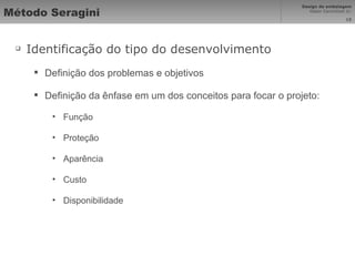 Método Seragini Identificação do tipo do desenvolvimento Definição dos problemas e objetivos Definição da ênfase em um dos conceitos para focar o projeto: Função Proteção Aparência Custo Disponibilidade 